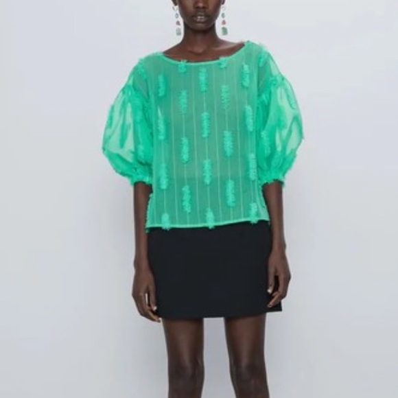 Zara Sheer Green Puff Sleeve Blouse - Picture 3 of 7